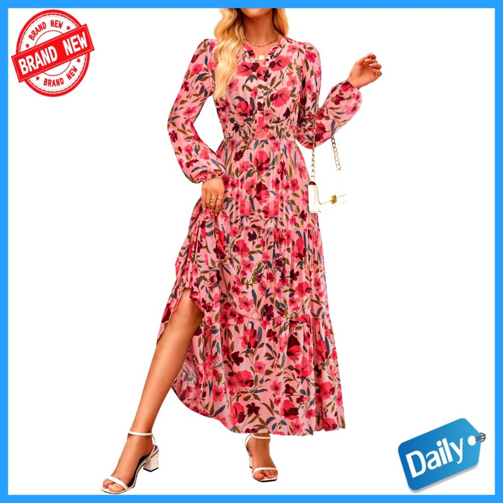 Long Sleeve Boho Floral V-Neck Maxi Dress Empire Waist Casual Wedding Guest